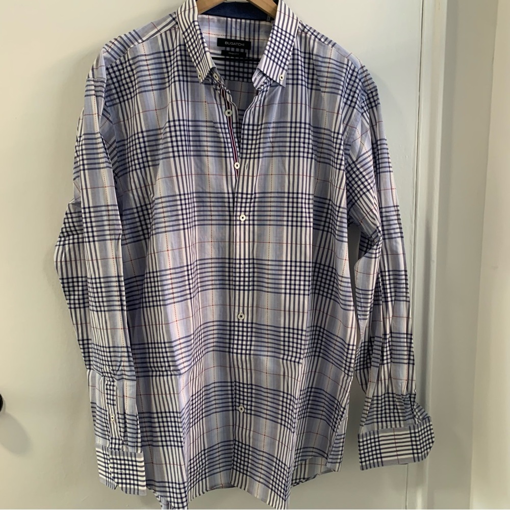 Bugatchi Men's Blue Plaid button down Shirt size xxl